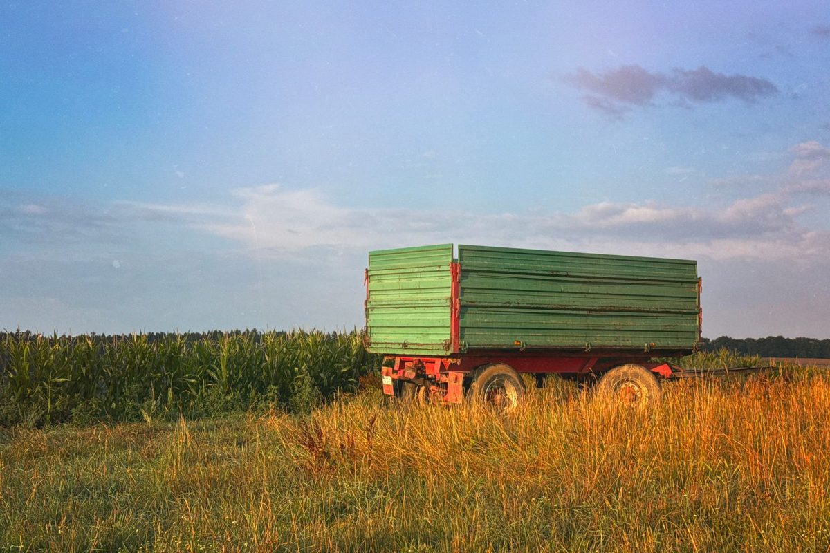 Matériel agricole au travail dans un champ, en fin de journée