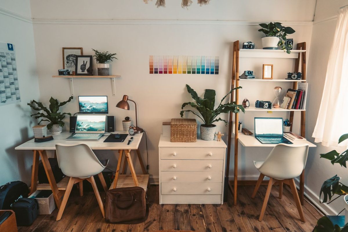 Bureau à domicile avec deux postes de travail, étagères et plantes vertes