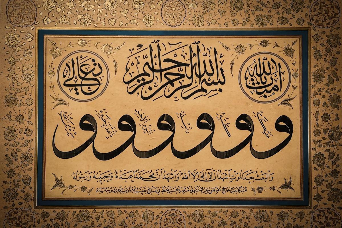 Calligraphie arabe encadrée, encre brune sur fond ocre